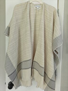 Nine West Cream Plaid Open-Front Poncho with Fringe